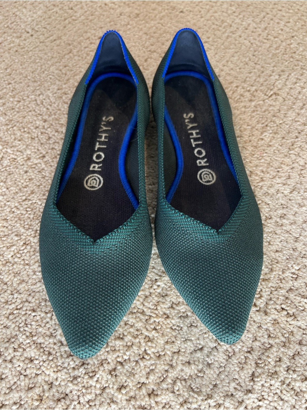 Rothy's The Point III Flat in Humeter Green with Blue Trim